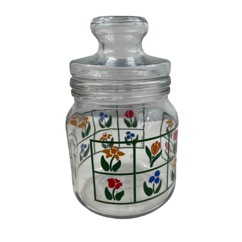 1983 Anchor Hocking Nina Glass Canister w/Colorful Tulips & Glass Lid - Picture 8 of 10